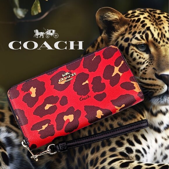 COACH Long Zip Around Wallet Leopard Print Poppy Red - Picture 1 of 9